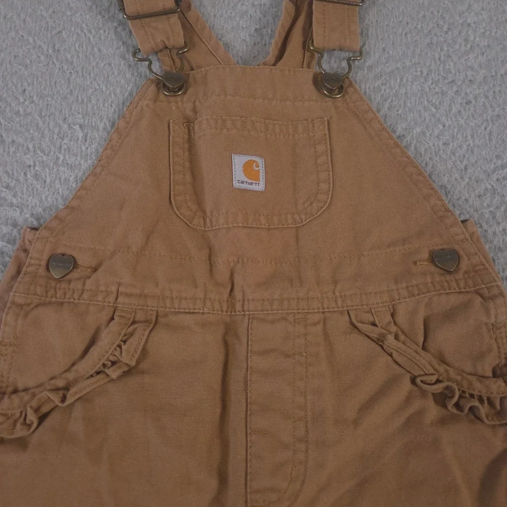Carhartt Overalls Girls 18M Brown Canvas Bib Shortall Ruffle Trim Heart Buttons